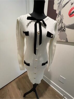 Cider Cream Ribbed Knit Long Sleeve Dress with Black Trim & Bow
